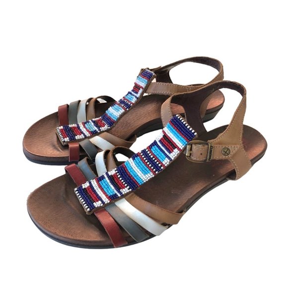 Pikolinos Beaded Sandal EU 38 Ankle Strap Brown Blue Red White - Picture 3 of 13